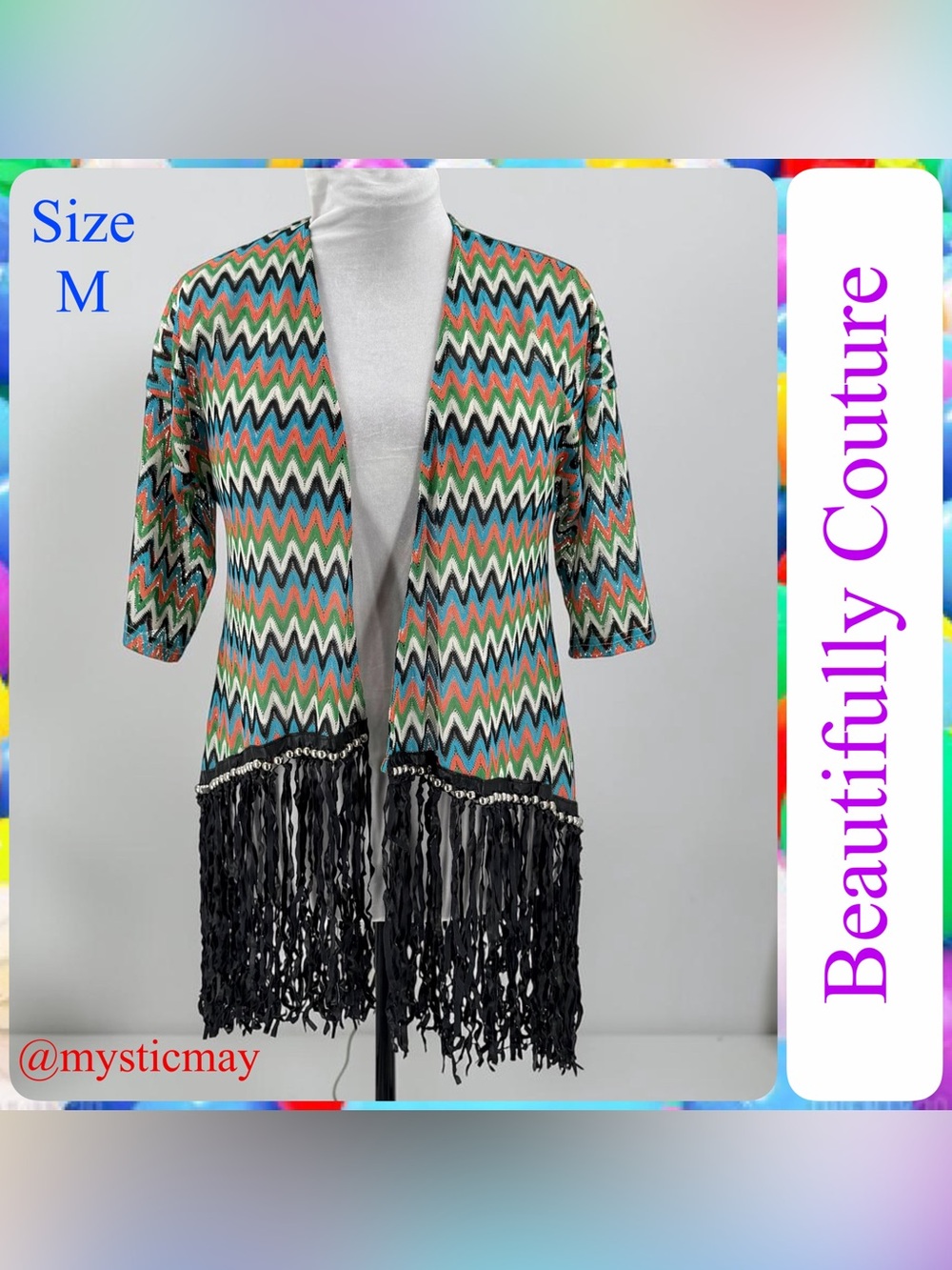 New Southwest CHEVRON WEAVE Vegan Leather FRINGE TRIM KIMONO Boho Cover Up Sz M